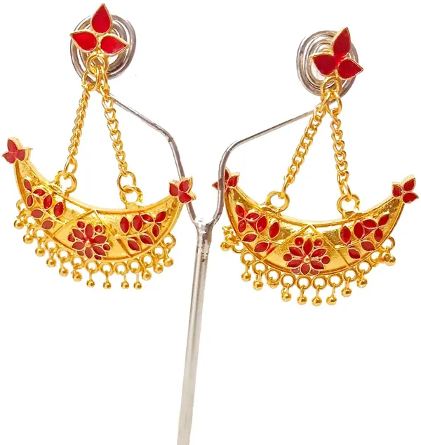 Assamese_Traditional_Copper_Gold_Plated_Red_Colour_Jhumka_Earring_For_Girls_&_Women